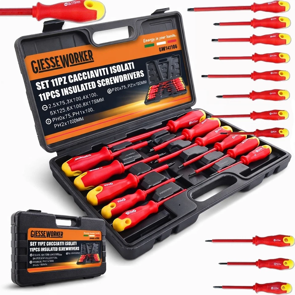 Set Cacciaviti Isolati 1000V 11 Pz Elettricista Assortiti Valigetta Ergonomici