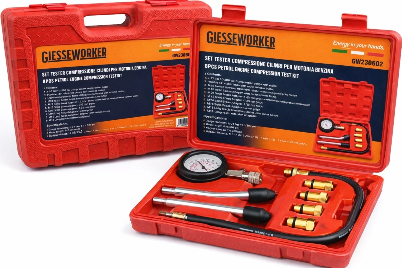 Kit Tester Compressione Motore Benzina Manometro Pressione Cilindri Auto Moto